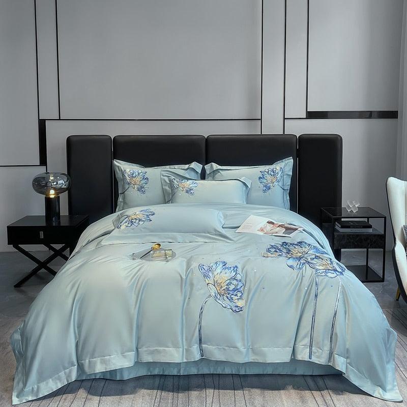 Conjunto de Roupas de Cama Flor de Lótus em 100% Algodão Egípcio 4 Peças